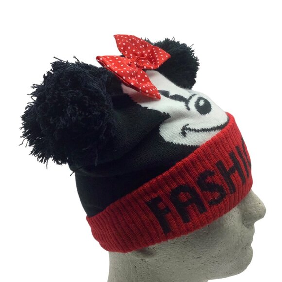 Disney Minnie Mouse Fashionista Knit Beanie Bow & Ears Adult One Size Black Red - Picture 5 of 6